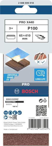 BOSCH PRO X440 Schleifband, 65 x 410 mm, G100, 3-tlg.