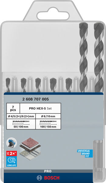 BOSCH PRO HEX-5 Bohrer-Set, 4x100, 5x100, 5x100, 6x100, 6x100, 8x150, 10x150 mm,7-tlg.