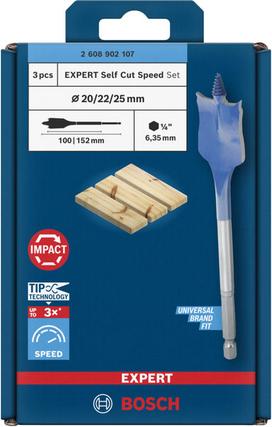 BOSCH EXPERT Self Cut Speed Flachfräsbohrer-Set, 20/22/25 mm, 3-tlg.