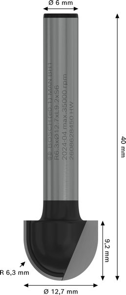 BOSCH PRO Hohlkehlfräser, R 6,3, Schaft 6 mm
