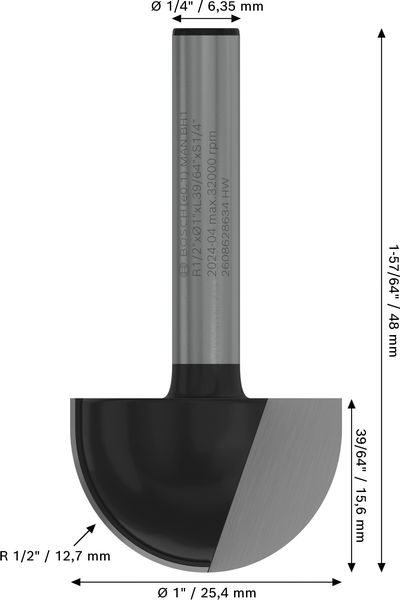 BOSCH PRO Hohlkehlfräser, R 1/2", Schaft 1/4" BOSCH PRO Hohlkehlfräser, R 1/2", Schaft 1/4"