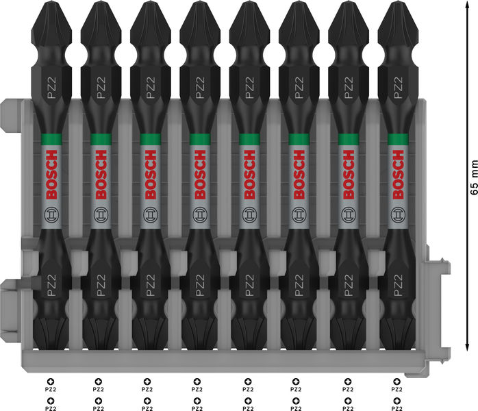 BOSCH PRO Impact Schrauberbit mit Doppelklingen und Pick and Click, PZ2, 65 mm, 8-tlg. BOSCH PRO Impact Schrauberbit mit Doppelklingen und Pick and Click, PZ2, 65 mm, 8-tlg.
