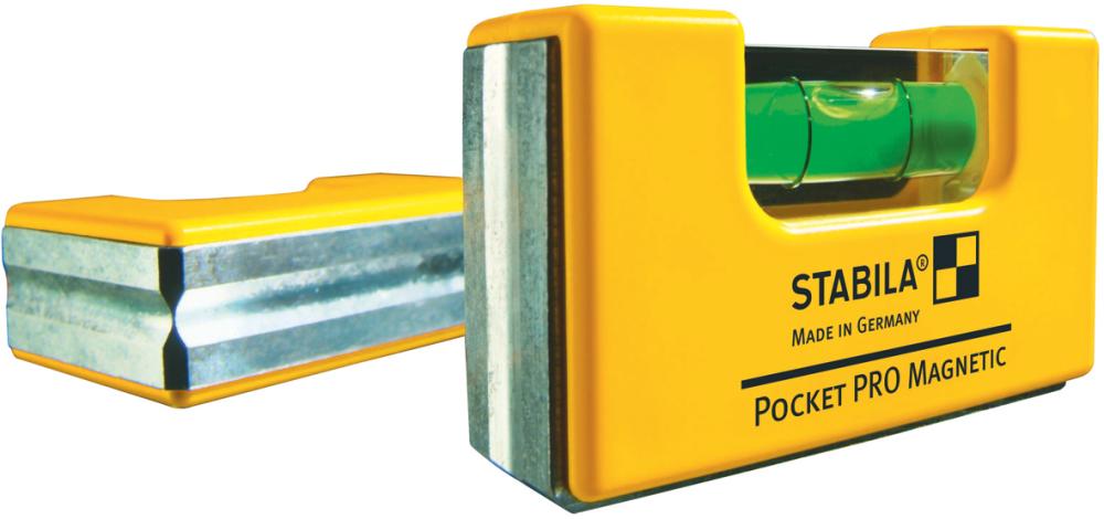 STABILA Mini-Wasserwaage Pocket PRO Magnetic mit Gürtel-Clip, 7 cm, starker Seltenerd-Magnet, 1 Horizontal-Libelle, Made in Germany