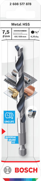 BOSCH Metal HSS Spiralbohrer, 7,5 x 69 x 109 mm, HEX 1/4“ Schaft BOSCH Metal HSS Spiralbohrer, 7,5 x 69 x 109 mm, HEX 1/4“ Schaft