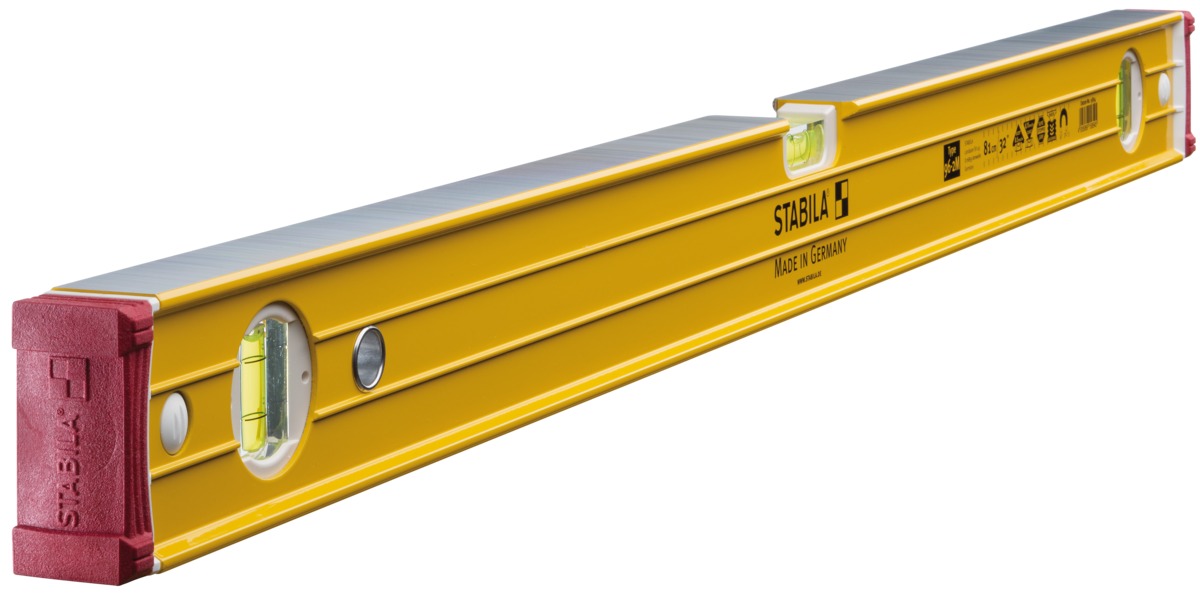 STABILA Magnet-Wasserwaage Type 96-2 M, 81 cm, extrasteifes Alu-Profil, extrastarke Seltenerd-Magnete, 1 Horizontal-/2 Vertikal-Libellen, stoßdämpfende Endkappen, Rutsch-Stopper, Made in Germany