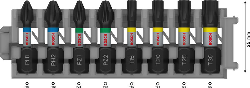 BOSCH PRO Impact Schrauberbit Set, PH1/PH2/PZ1/PZ2/T15/T20/T25/T30, 25 mm, 8-tlg.