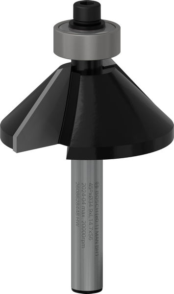 BOSCH Fasefräser, 6 mm, D1 34,9 mm, B 11,1 mm, L 14,7 mm, G 56 mm, 45° BOSCH Fasefräser, 6 mm, D1 34,9 mm, B 11,1 mm, L 14,7 mm, G 56 mm, 45°