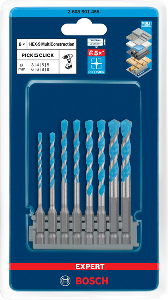BOSCH EXPERT HEX-9 Multi Construction Pick & Click Set, 3-8 mm BOSCH EXPERT HEX-9 Multi Construction Pick & Click Set, 3-8 mm