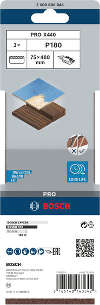 BOSCH PRO X440 Schleifband, 75 x 480 mm, G180, 3-tlg. BOSCH PRO X440 Schleifband, 75 x 480 mm, G180, 3-tlg.