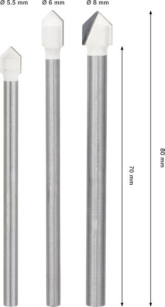 BOSCH CYL-9 Soft Ceramic Bohrer-Set, 5,5 x 70; 6 x 80; 8 x 80 mm, 3-tlg.