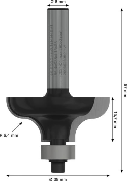 BOSCH PRO Profilfräser, R 6,4, Schaft 8 mm