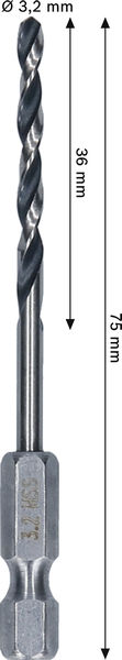 BOSCH Metal HSS Spiralbohrer, 3,2 x 36 x 75 mm, HEX 1/4“ Schaft BOSCH Metal HSS Spiralbohrer, 3,2 x 36 x 75 mm, HEX 1/4“ Schaft