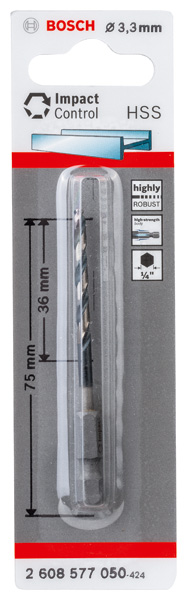 BOSCH HSS Spiralbohrer mit Sechskantschaft 3,3 mm BOSCH HSS Spiralbohrer mit Sechskantschaft 3,3 mm