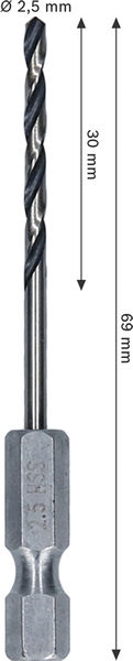 BOSCH Metal HSS Spiralbohrer, 2,5 x 30 x 69 mm, HEX 1/4“ Schaft BOSCH Metal HSS Spiralbohrer, 2,5 x 30 x 69 mm, HEX 1/4“ Schaft